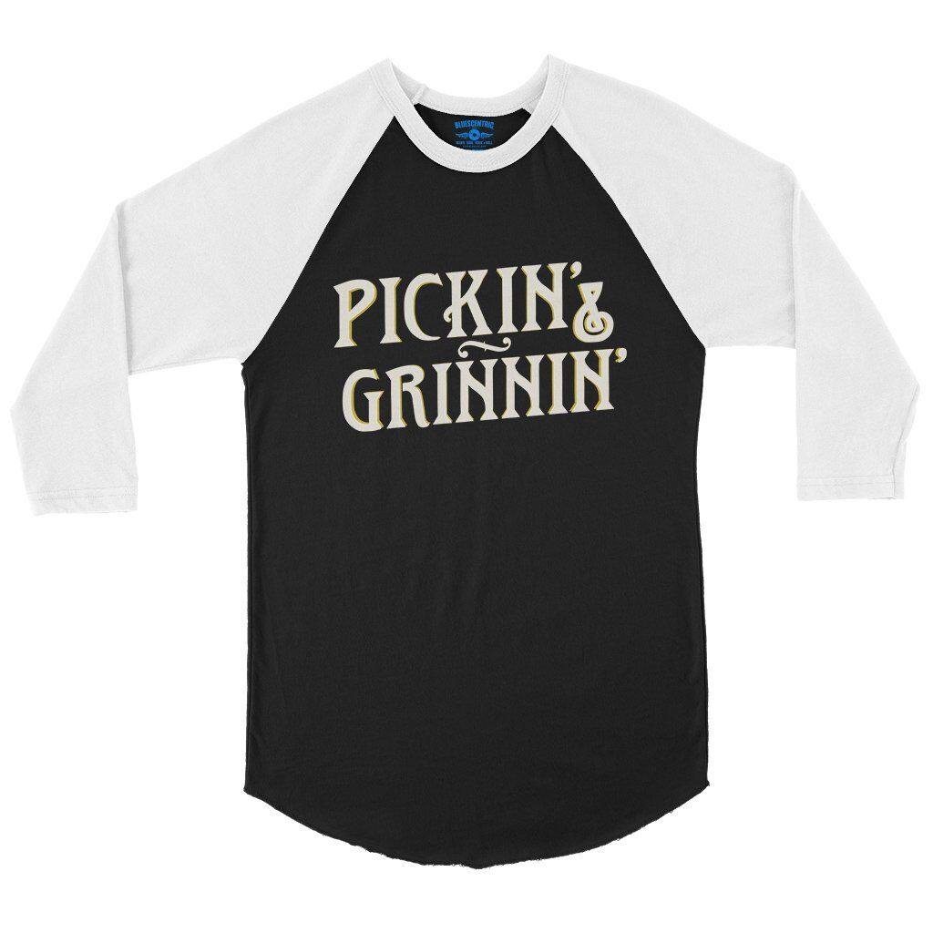 Pickin’ & Grinnin Bluegrass Baseball T-Shirt in Black White