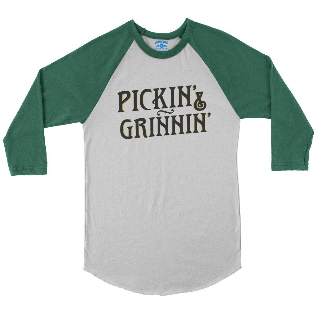 Pickin’ & Grinnin Bluegrass Baseball T-Shirt in White Kelly