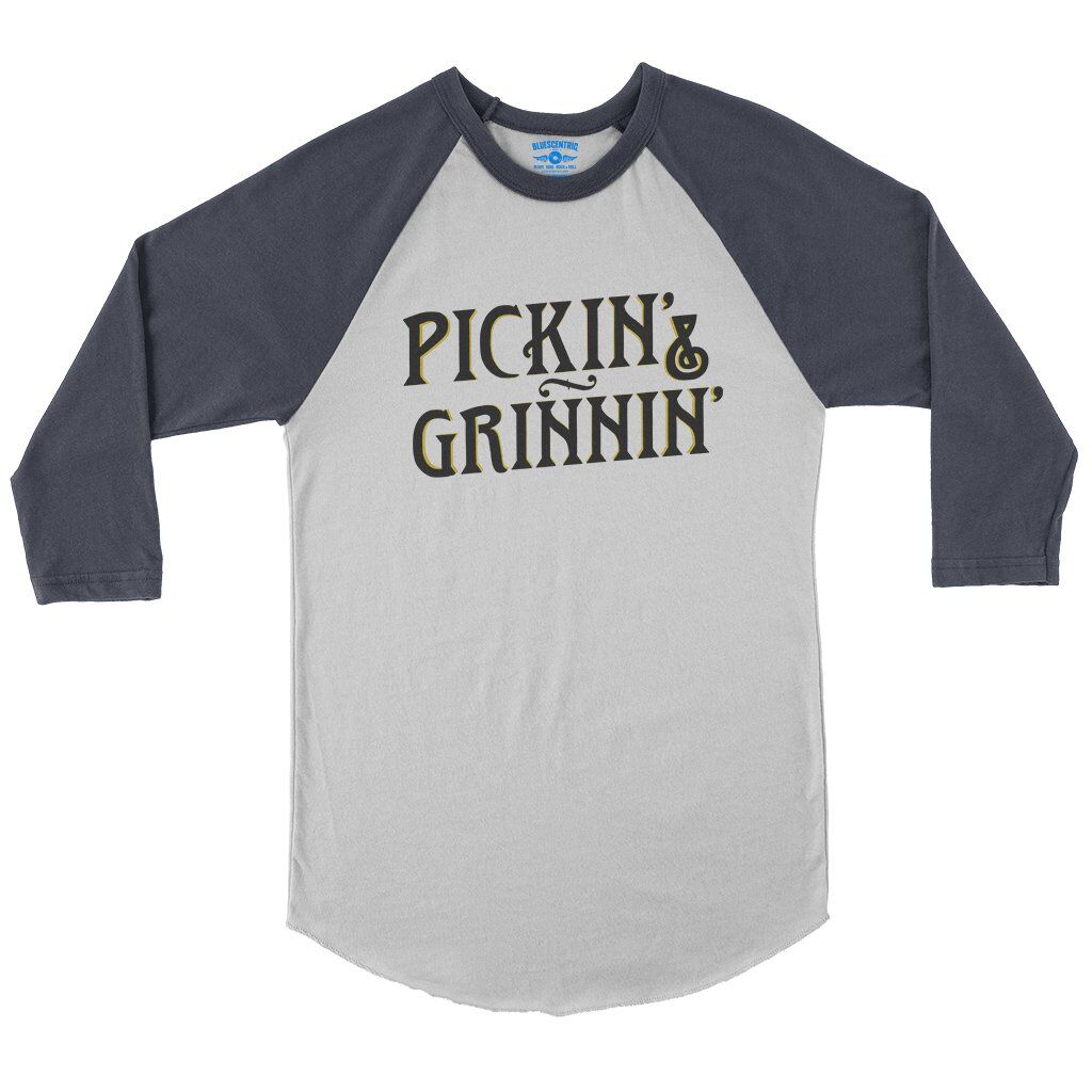 Pickin’ & Grinnin Bluegrass Baseball T-Shirt in White Navy