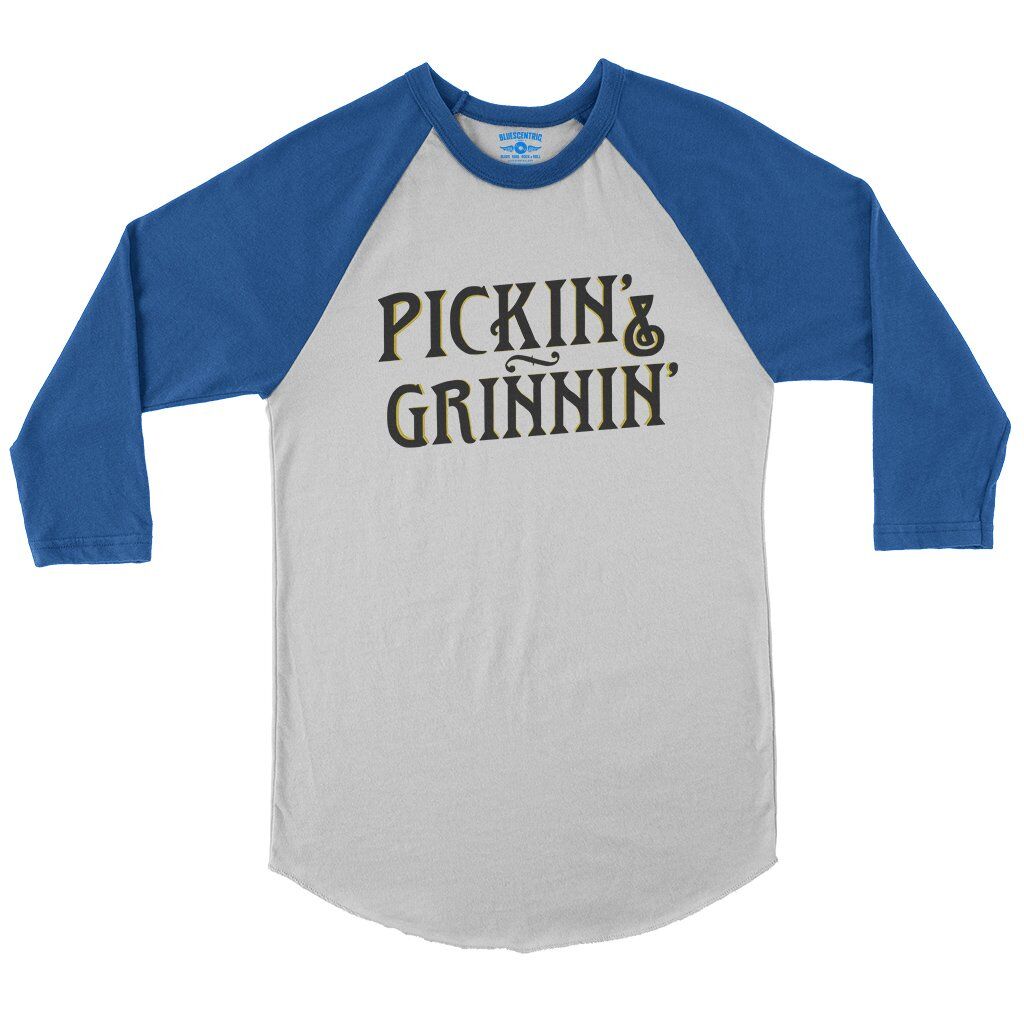Pickin’ & Grinnin Bluegrass Baseball T-Shirt in White True Royal