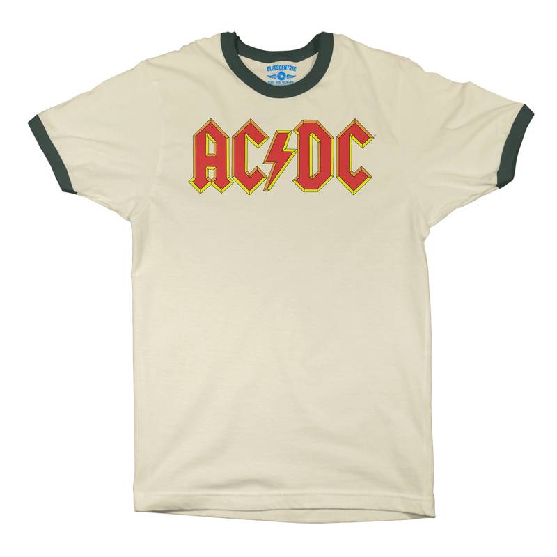 AC/DC Comic Logo Ringer T-Shirt in Natural Forest Green
