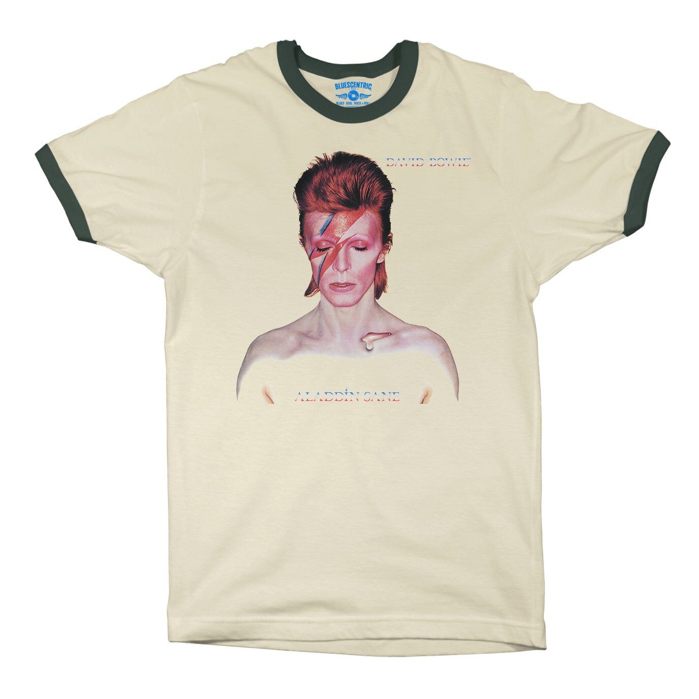 David Bowie Aladdin Sane Album Cover Ringer T-Shirt in Natural Forest Green