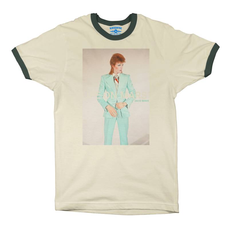 David Bowie Life on Mars? Ringer T-Shirt in Natural Forest Green