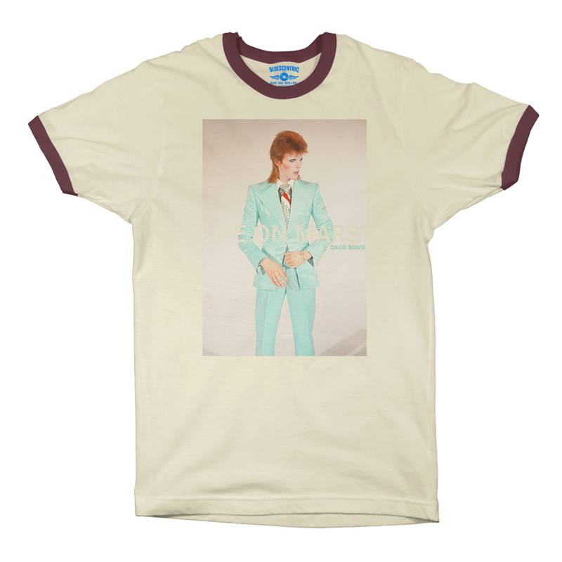 David Bowie Life on Mars? Ringer T-Shirt in Natural Maroon