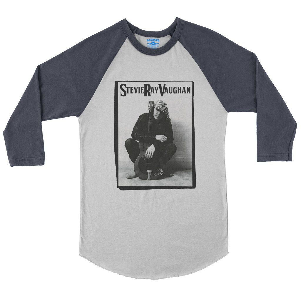 Candid Stevie Ray Vaughan Resonator Baseball T-Shirt in White Navy