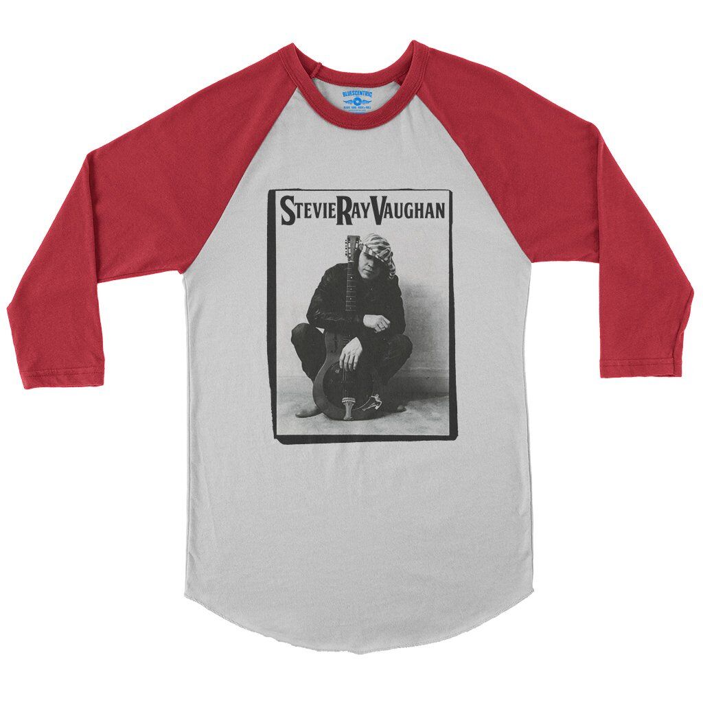 Candid Stevie Ray Vaughan Resonator Baseball T-Shirt in White Red