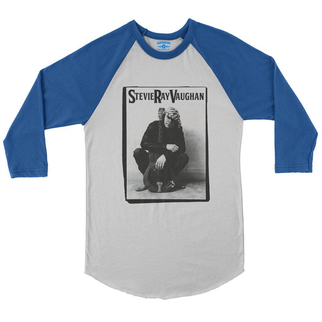 Candid Stevie Ray Vaughan Resonator Baseball T-Shirt in White True Royal