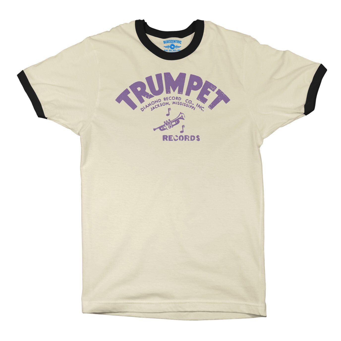 Distressed Trumpet Records Ringer T-Shirt in Natural Black