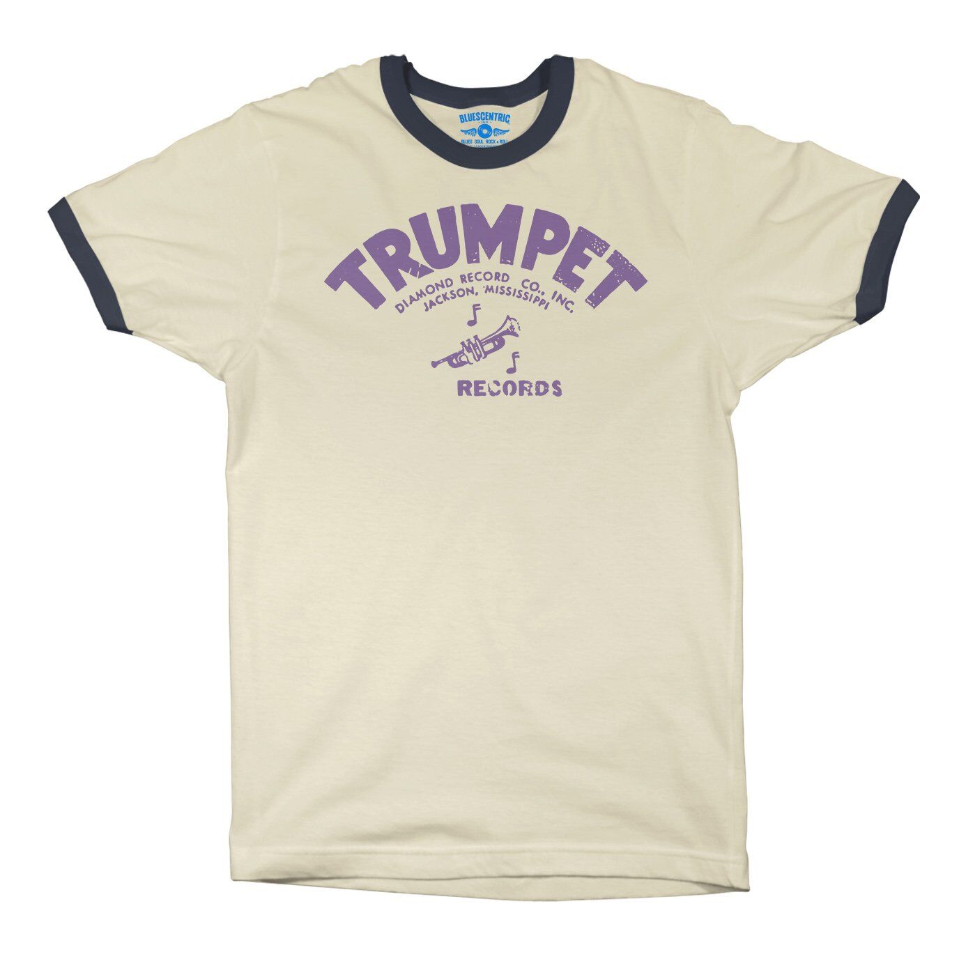 Distressed Trumpet Records Ringer T-Shirt in Natural Midnight Navy