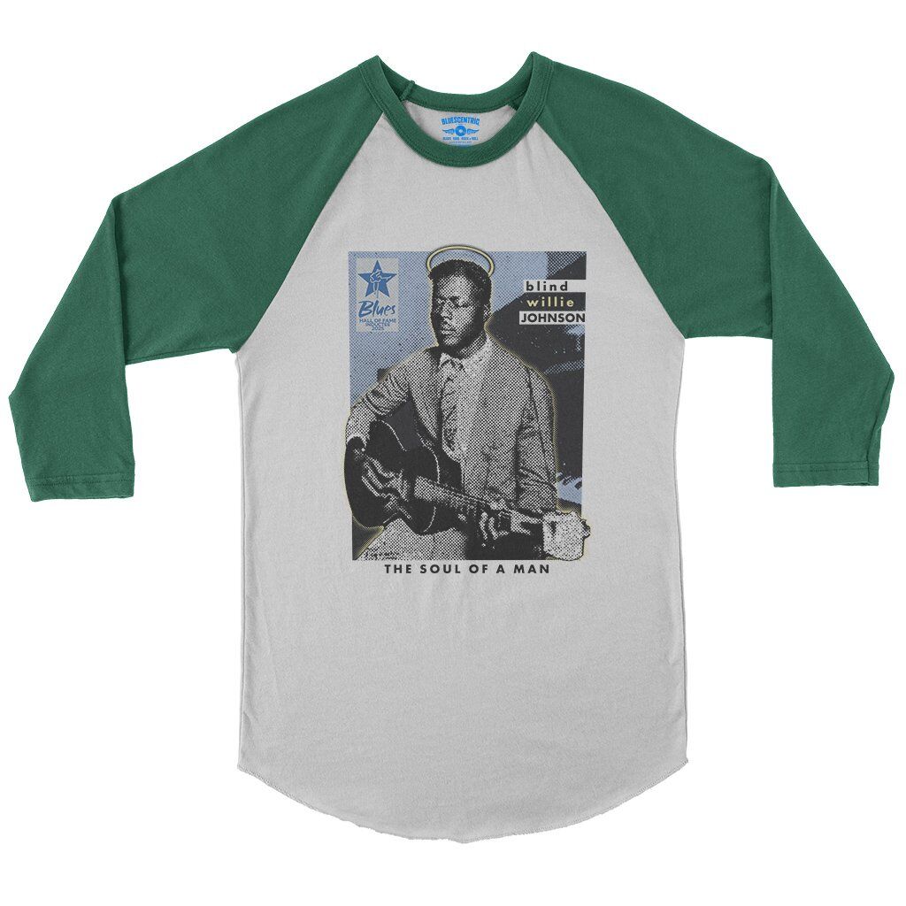 Ltd. Ed. Blues Hall of Fame Blind Willie Johnson Baseball T-Shirt in White Kelly