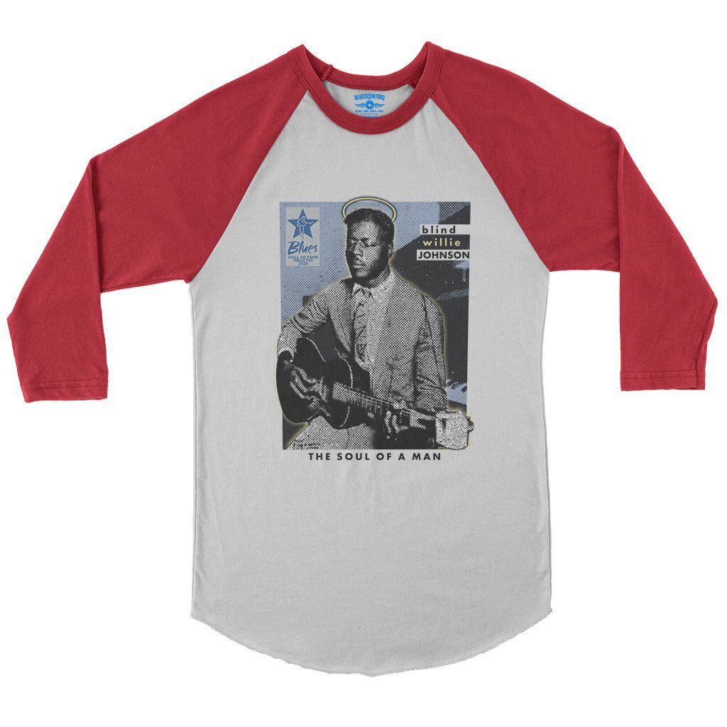 Ltd. Ed. Blues Hall of Fame Blind Willie Johnson Baseball T-Shirt in White Red