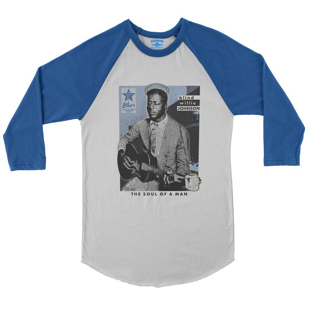 Ltd. Ed. Blues Hall of Fame Blind Willie Johnson Baseball T-Shirt in White True Royal