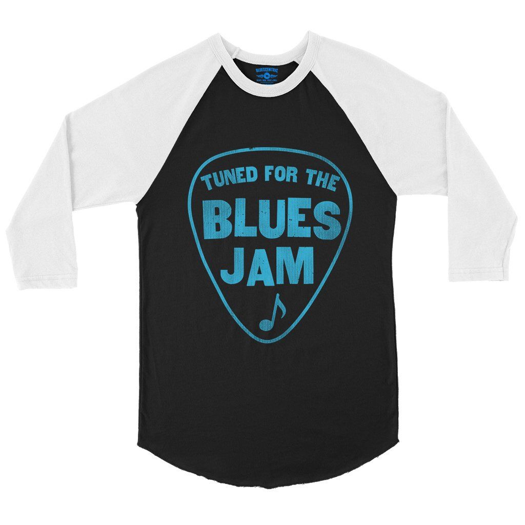 Tuned for the Blues Jam Baseball T-Shirt in Black White