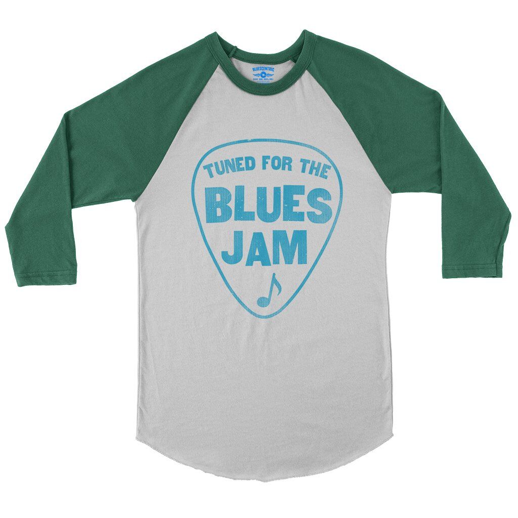 Tuned for the Blues Jam Baseball T-Shirt in White Kelly