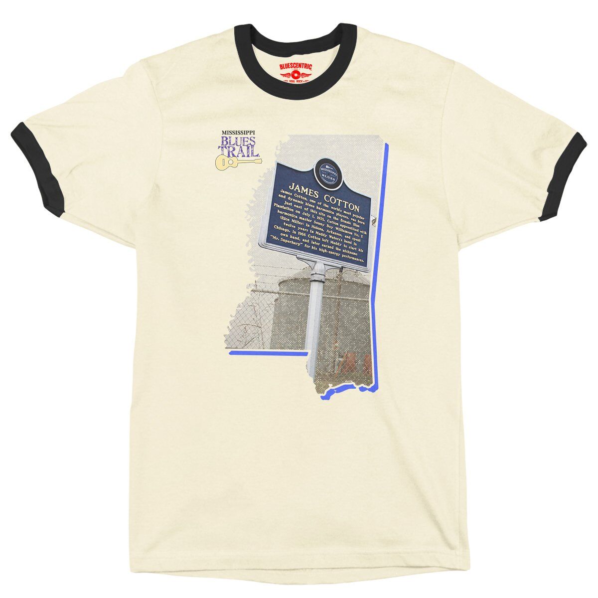 James Cotton Mississippi Blues Trail Ringer T-Shirt - Cream-Black