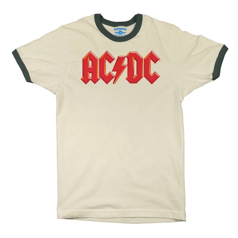 Red AC/DC Logo Ringer T-Shirt in Natural Forest Green