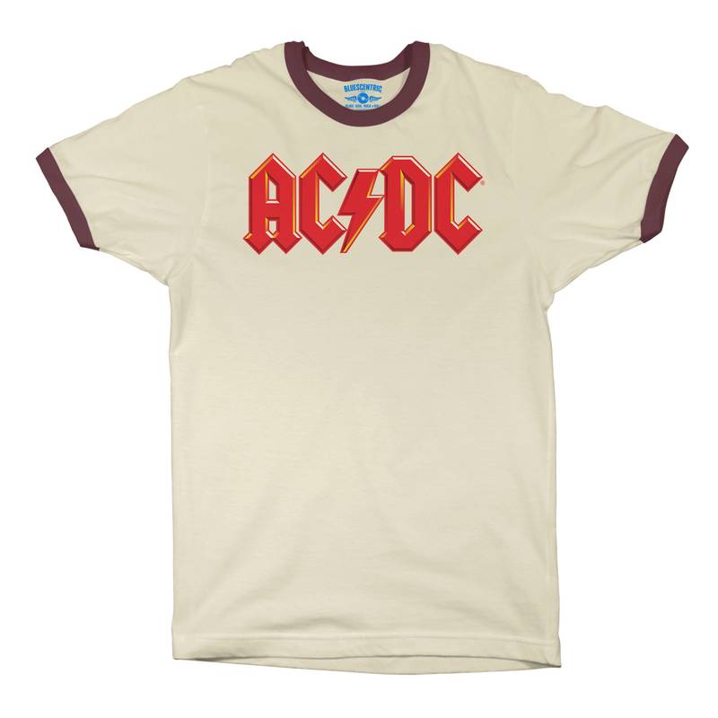 Red AC/DC Logo Ringer T-Shirt in Natural Maroon