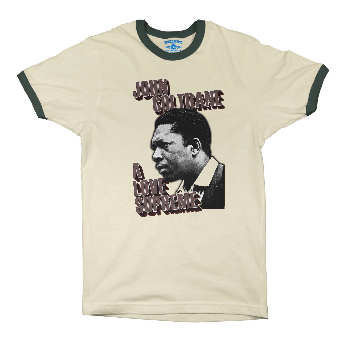 John Coltrane Graphic Love Supreme Ringer T-Shirt in Natural Forest Green