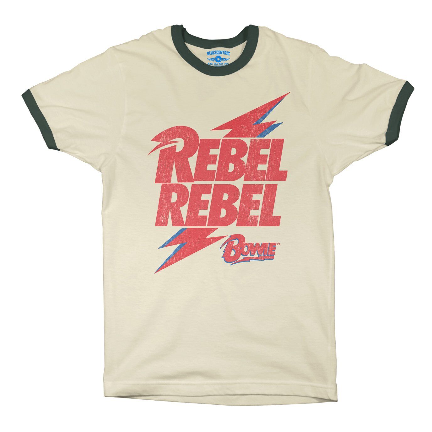 Rebel Rebel Bowie Logo Ringer T-Shirt in Natural Forest Green