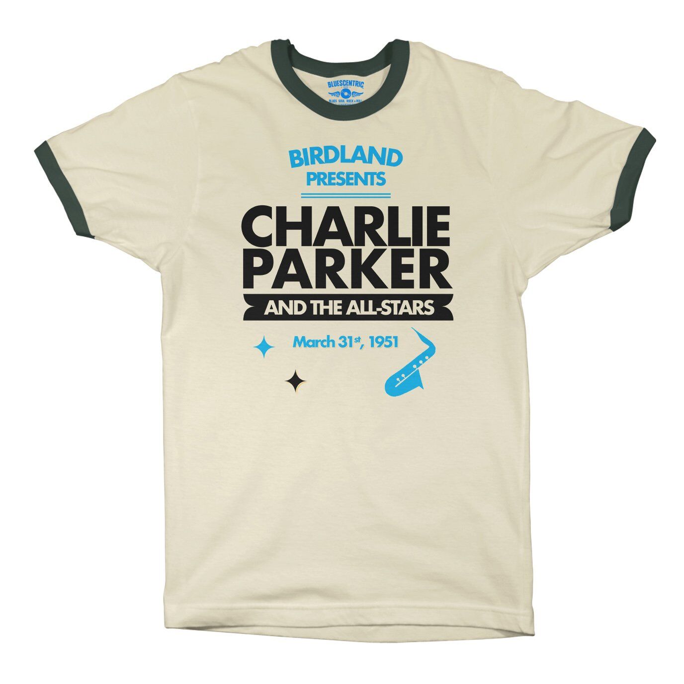 Charlie Parker Birdland Vintage Concert Ringer T-Shirt in Natural Forest Green