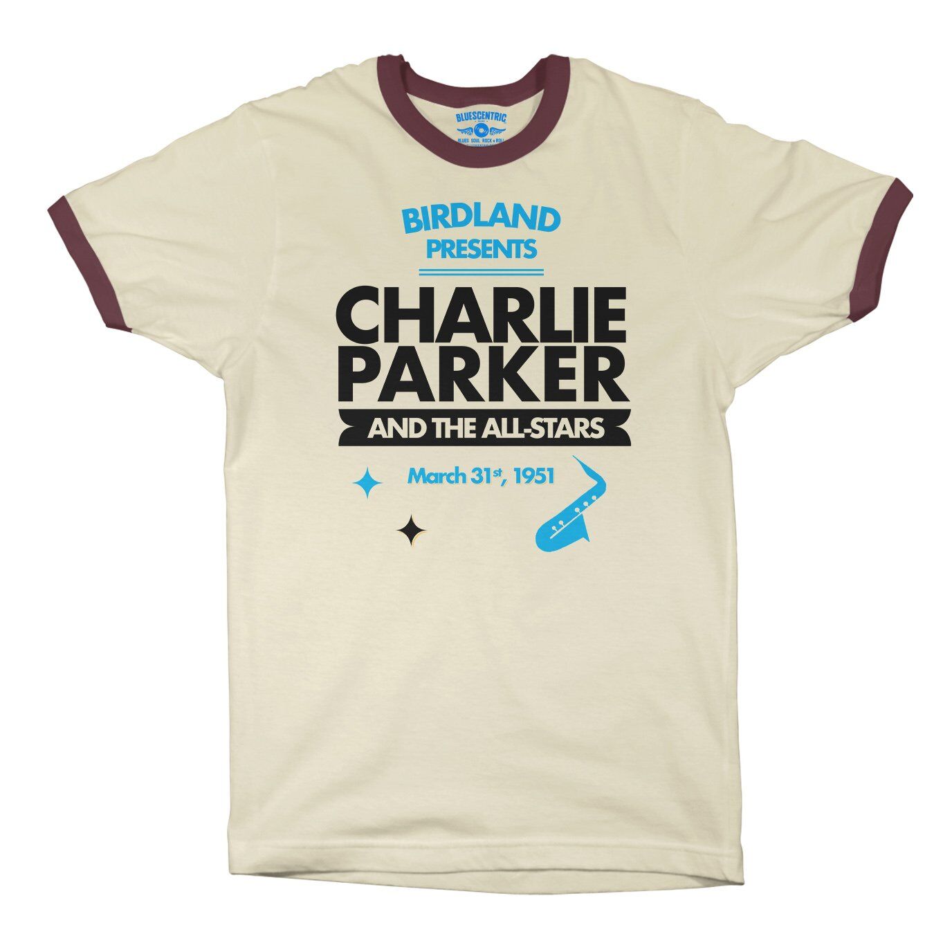 Charlie Parker Birdland Vintage Concert Ringer T-Shirt in Natural Maroon