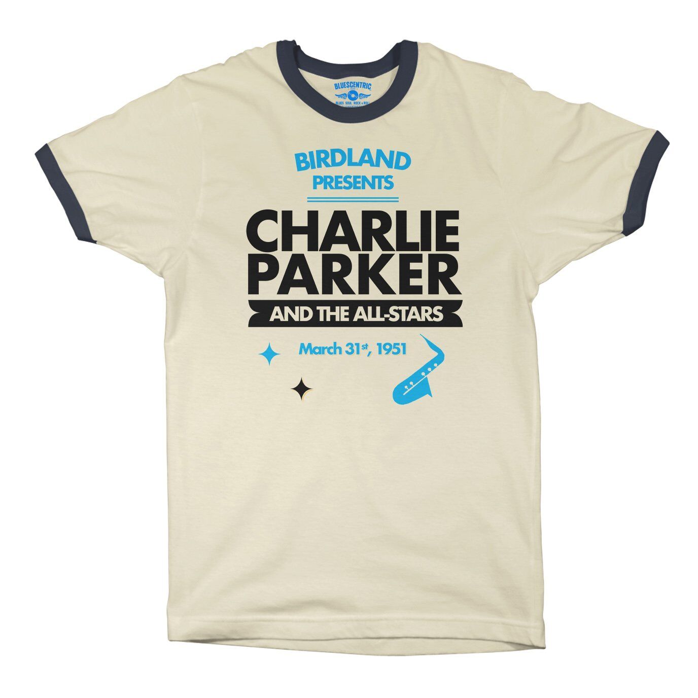 Charlie Parker Birdland Vintage Concert Ringer T-Shirt in Natural Midnight Navy