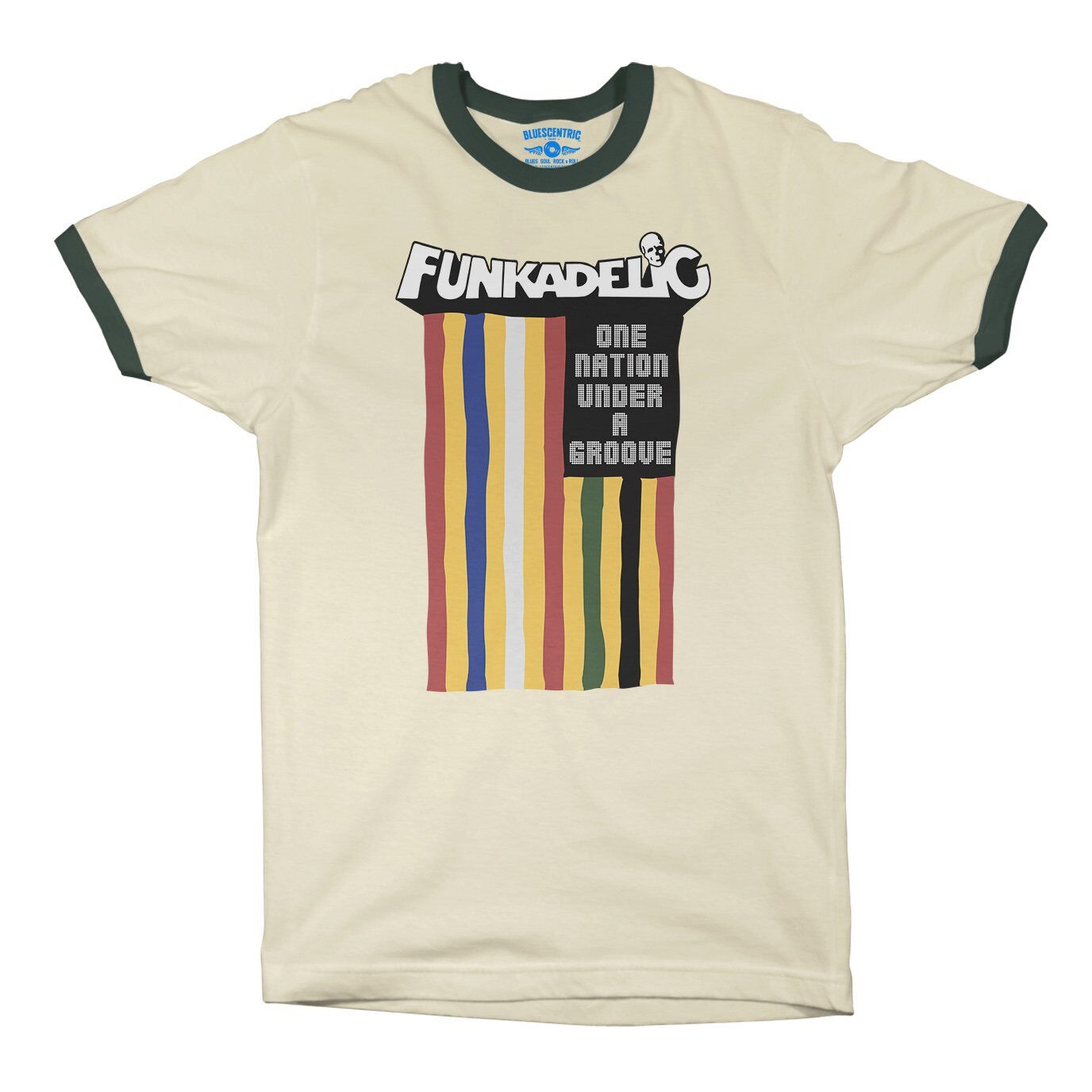 Funkadelic One Nation Under a Groove Flag Ringer T-Shirt in Natural Forest Green