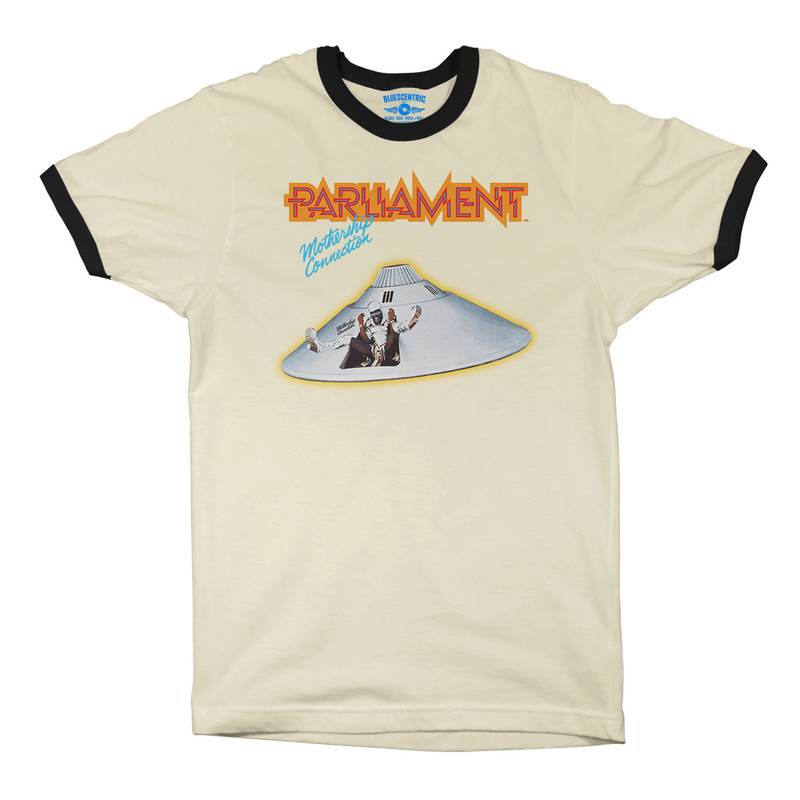 Parliament Mothership Connection Album Cover Ringer T-Shirt in Natural Black