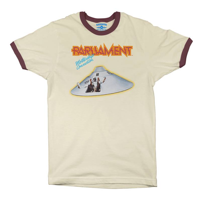 Parliament Mothership Connection Album Cover Ringer T-Shirt in Natural Maroon