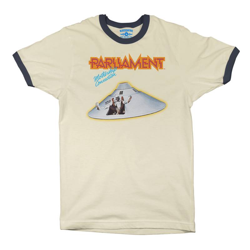 Parliament Mothership Connection Album Cover Ringer T-Shirt in Natural Midnight Navy