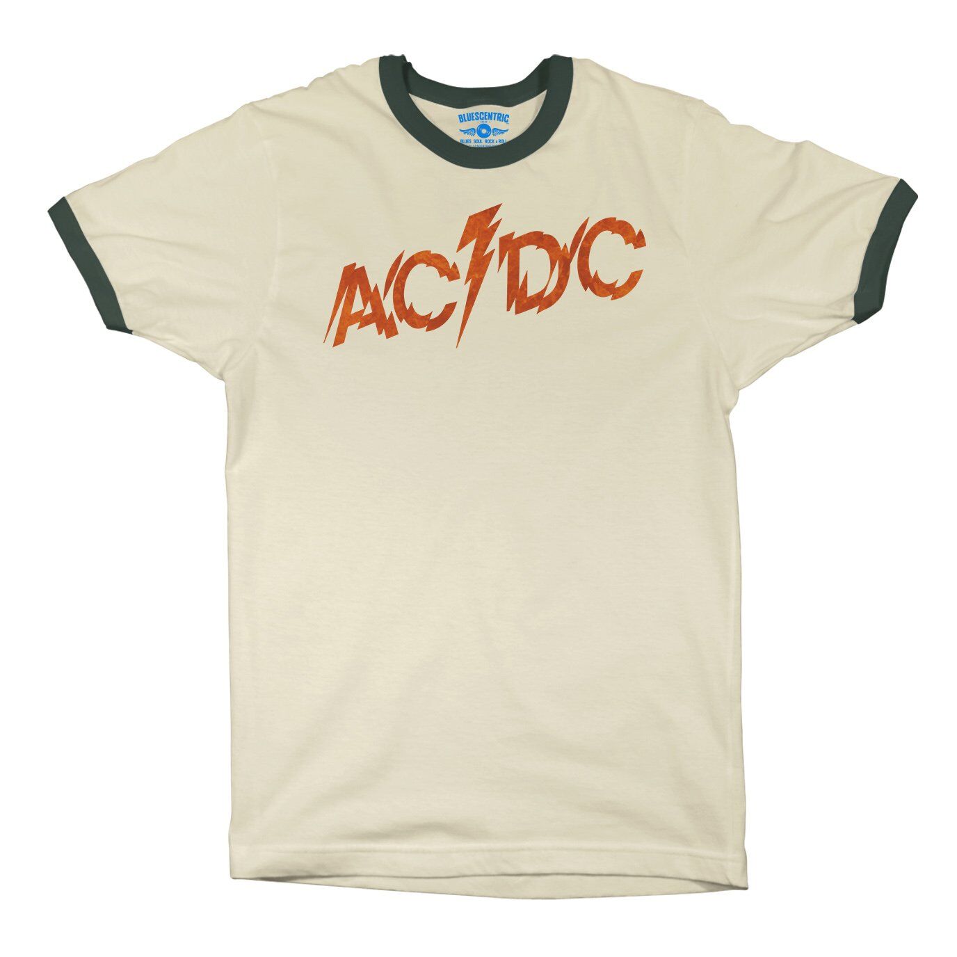 AC/DC Fiery Logo Ringer T-Shirt in Natural Forest Green