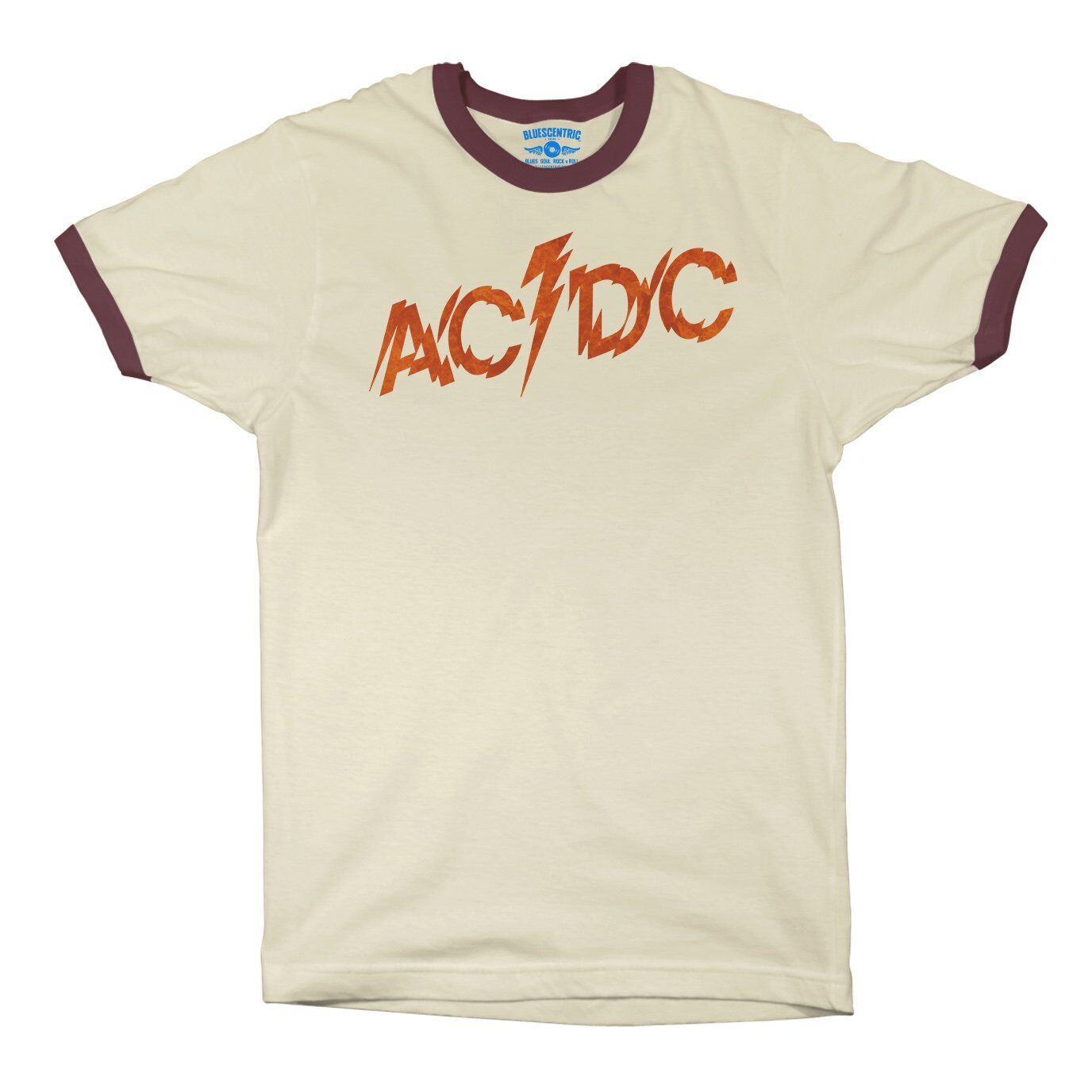 AC/DC Fiery Logo Ringer T-Shirt in Natural Maroon