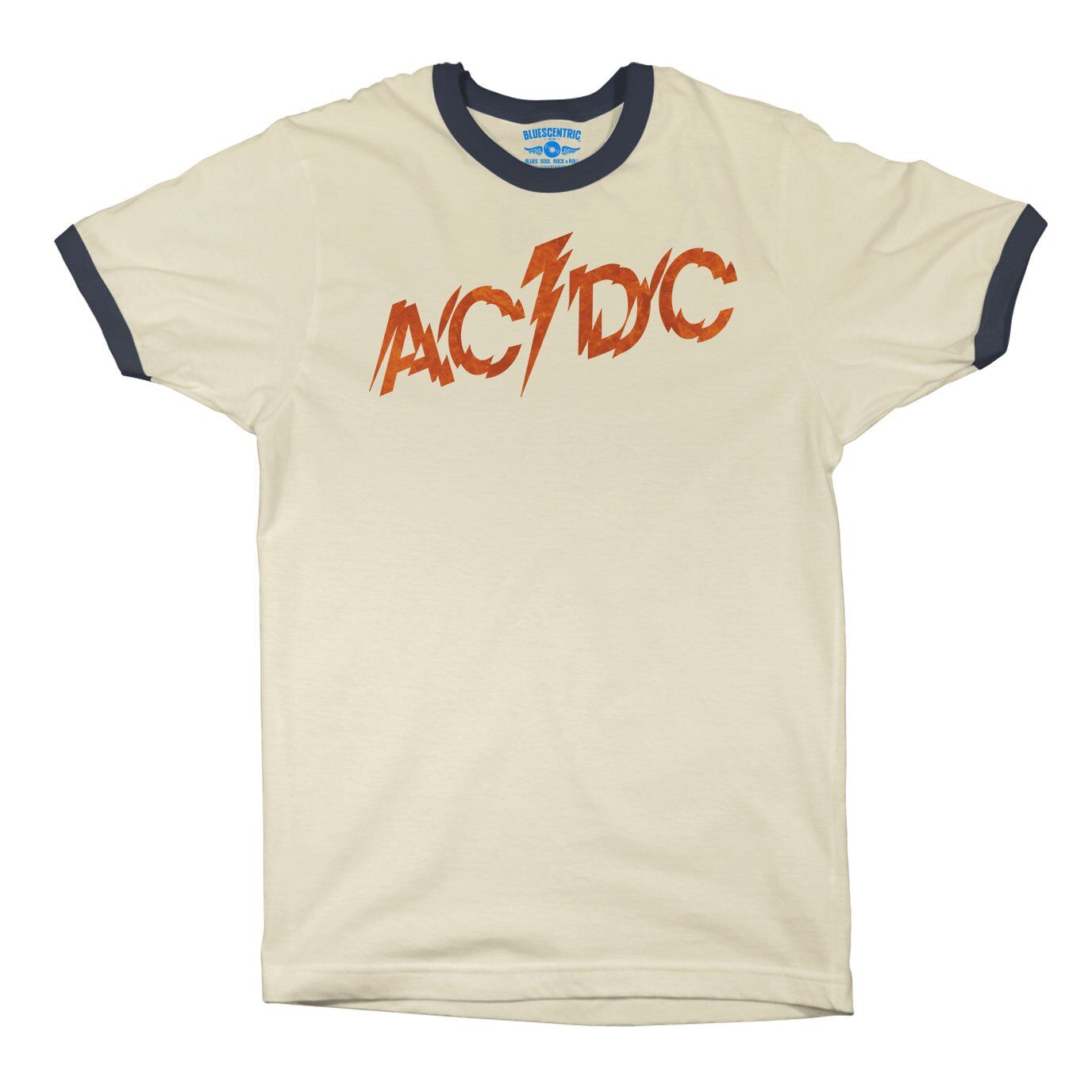 AC/DC Fiery Logo Ringer T-Shirt in Natural Midnight Navy