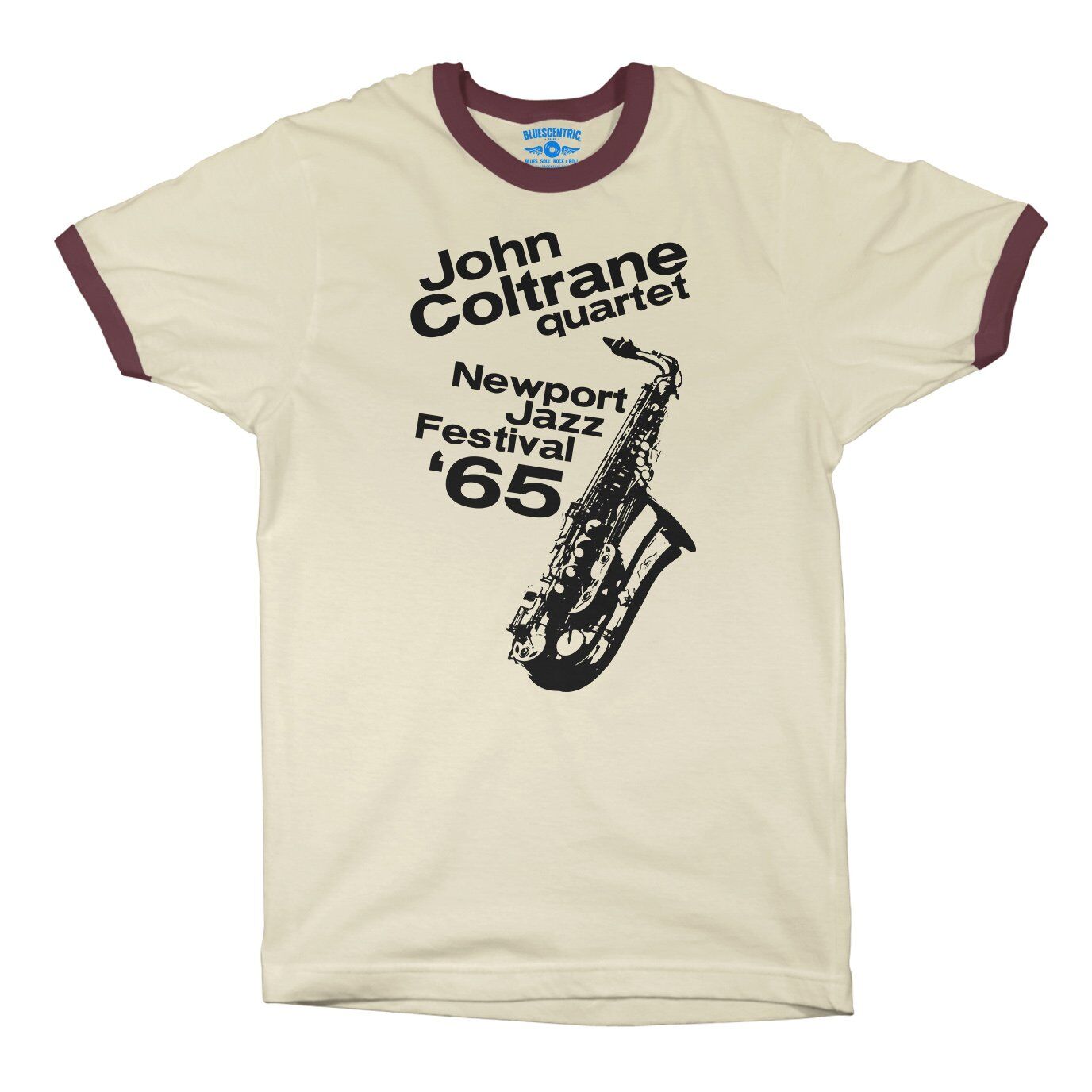 John Coltrane at Newport Jazz Festival Ringer T-Shirt in Natural Maroon