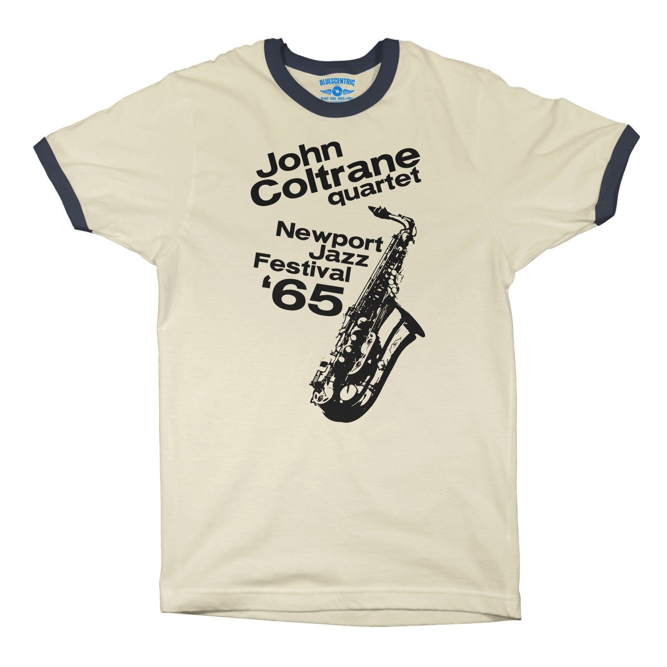 John Coltrane at Newport Jazz Festival Ringer T-Shirt in Natural Midnight Navy