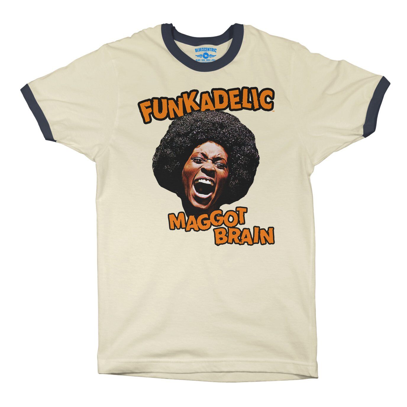 Orange Funkadelic Maggot Brain Ringer T-Shirt in Natural Midnight Navy