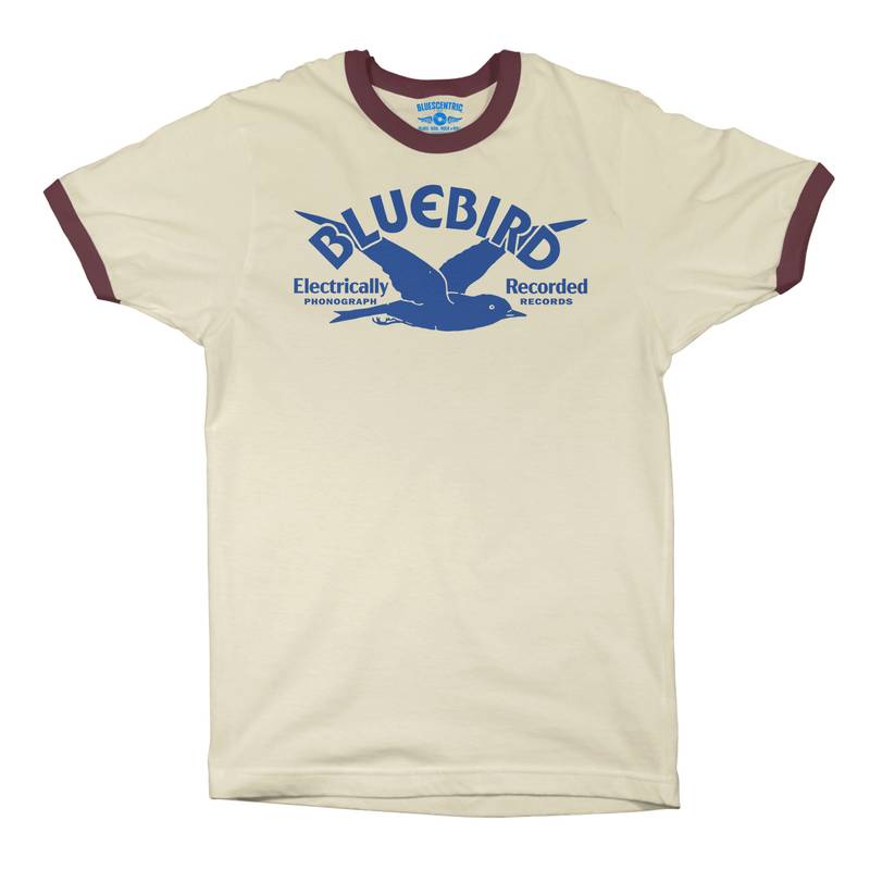 Bluebird Records Logo Ringer T-Shirt in Natural Maroon