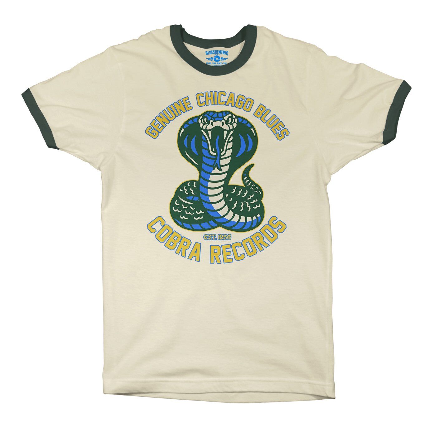 Cobra Records Genuine Chicago Blues Ringer T-Shirt in Natural Forest Green
