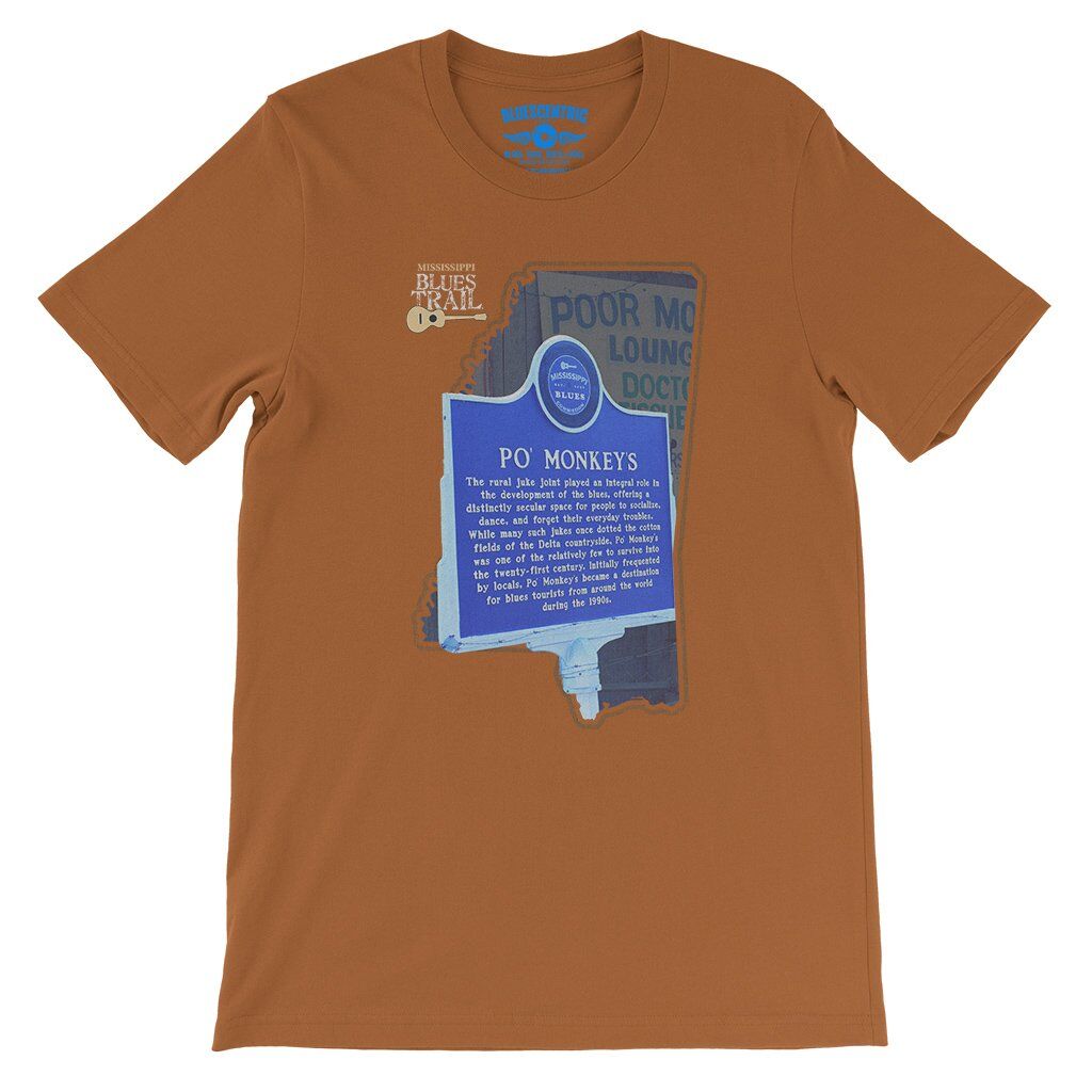Po Monkeys Mississippi Blues Trail T-Shirt - Lightweight Vintage Style - Burnt Orange