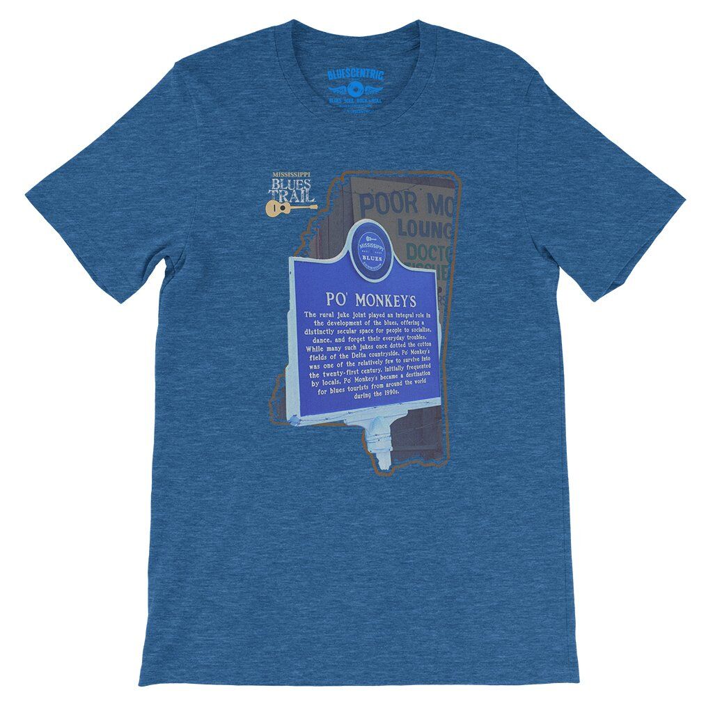 Po Monkeys Mississippi Blues Trail T-Shirt - Lightweight Vintage Style - Heather True Royal