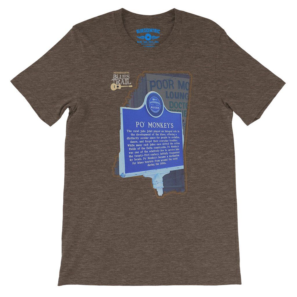 Po Monkeys Mississippi Blues Trail T-Shirt - Lightweight Vintage Style - Heather Brown