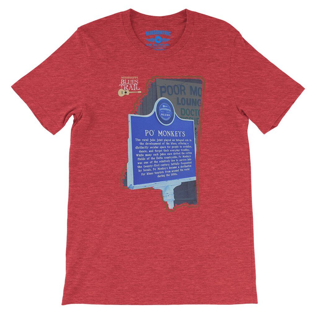 Po Monkeys Mississippi Blues Trail T-Shirt - Lightweight Vintage Style - Heather Red