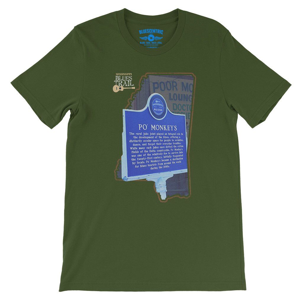 Po Monkeys Mississippi Blues Trail T-Shirt - Lightweight Vintage Style - Olive