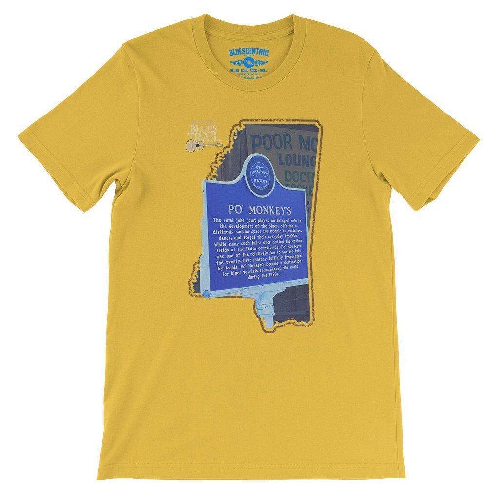 Po Monkeys Mississippi Blues Trail T-Shirt - Lightweight Vintage Style - Maize Yellow