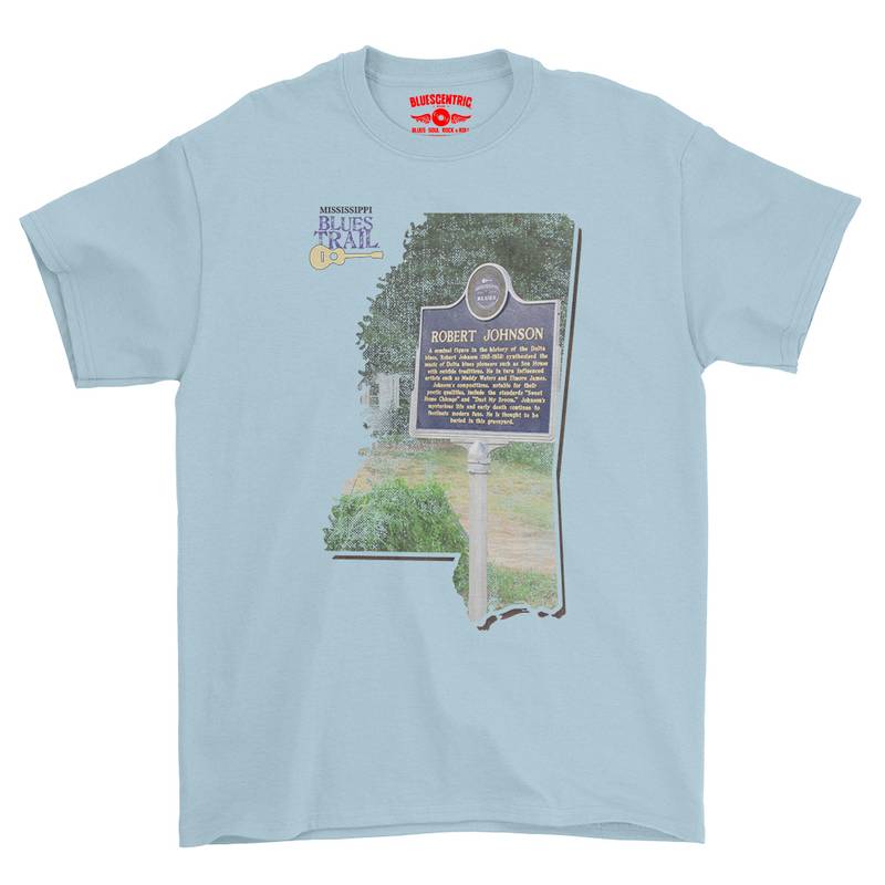 Robert Johnson Mississippi Blues Trail T-Shirt - Heavy Cotton - Light Blue