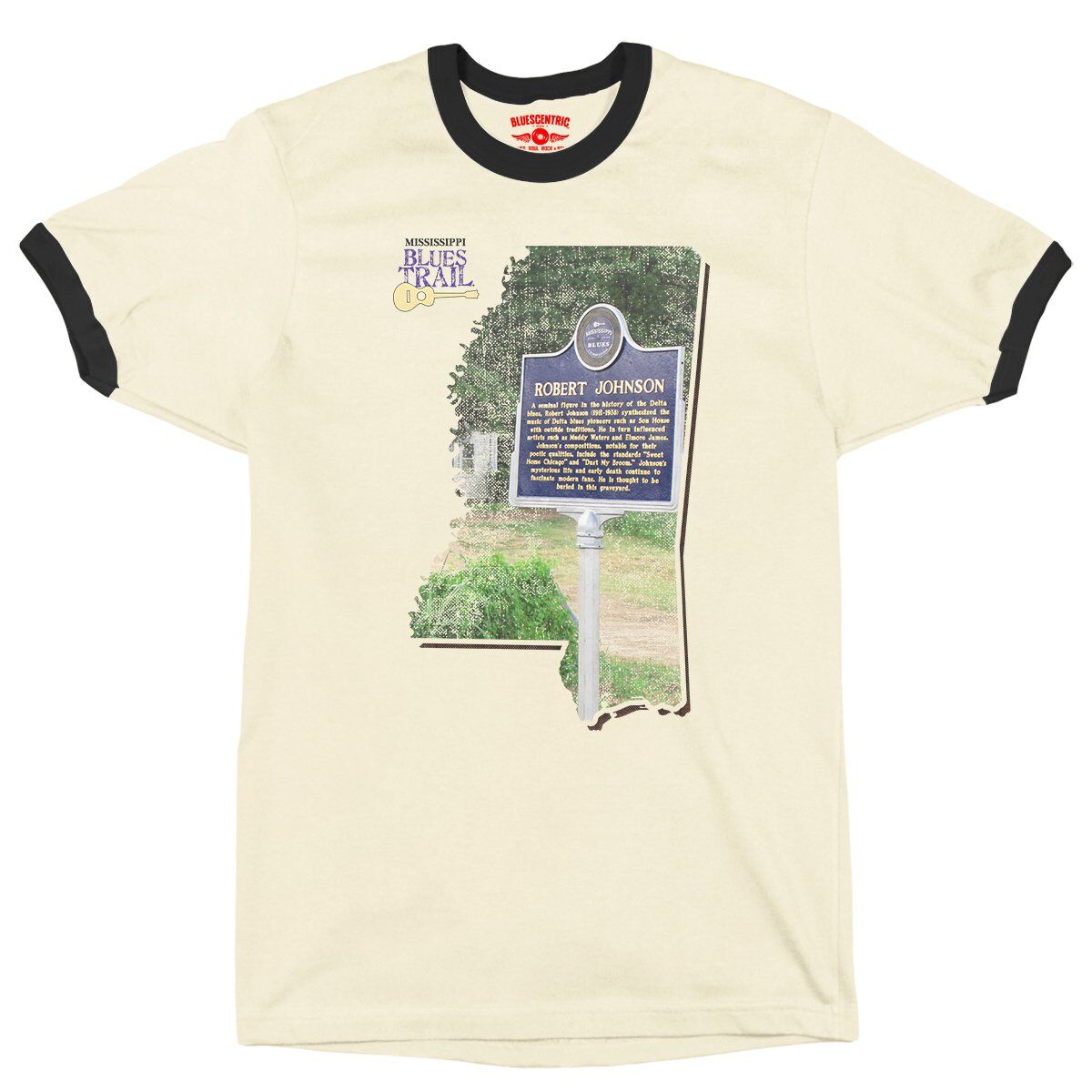 Robert Johnson Mississippi Blues Trail Ringer T-Shirt - Cream-Black