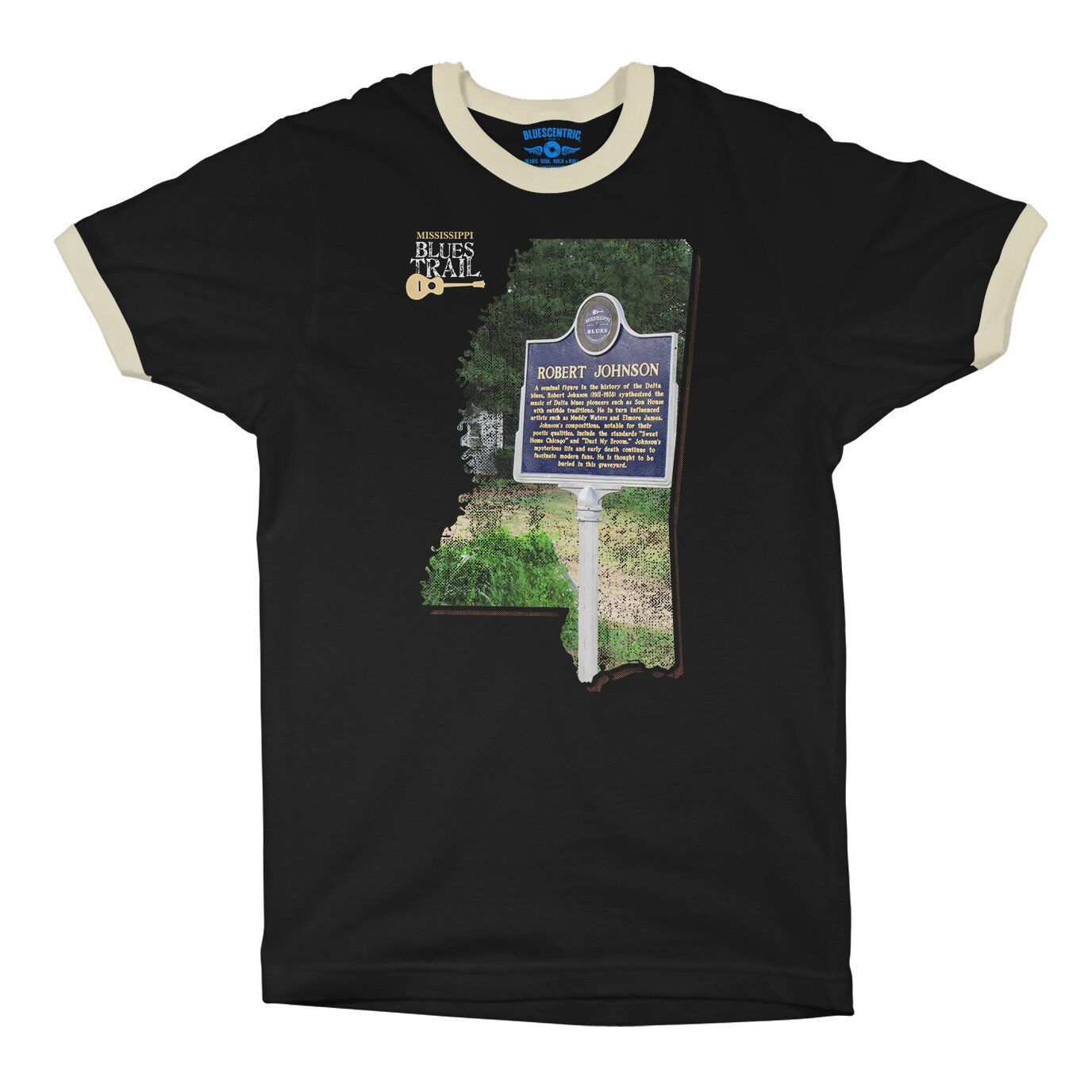Robert Johnson Mississippi Blues Trail Ringer T-Shirt - Black-Cream