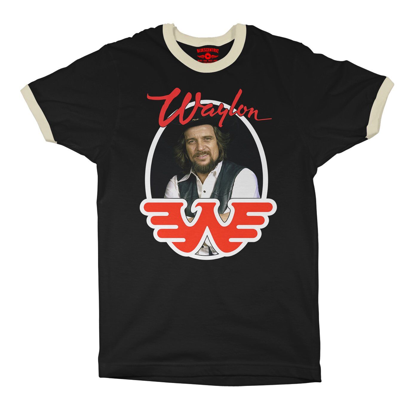 Waylon Jennings Photo Ringer T-Shirt - Black-Cream