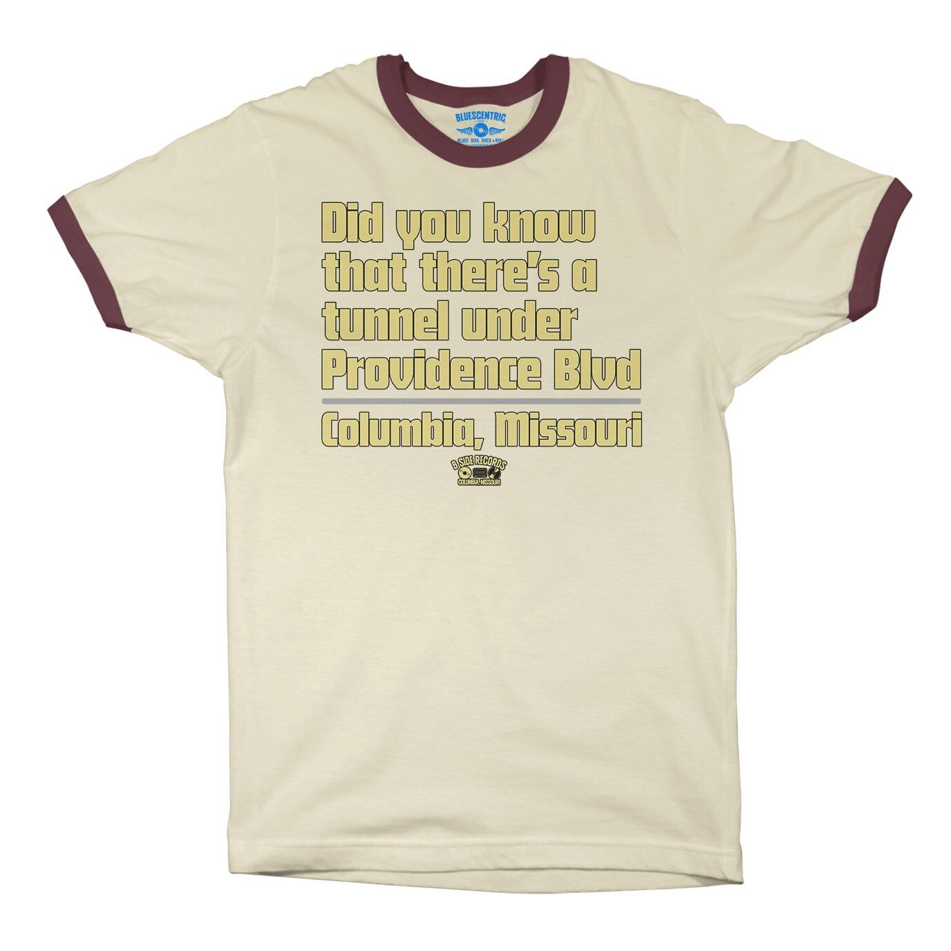 Tunnel Under Providence Blvd Columbia Mo Ringer T-Shirt in Natural Maroon
