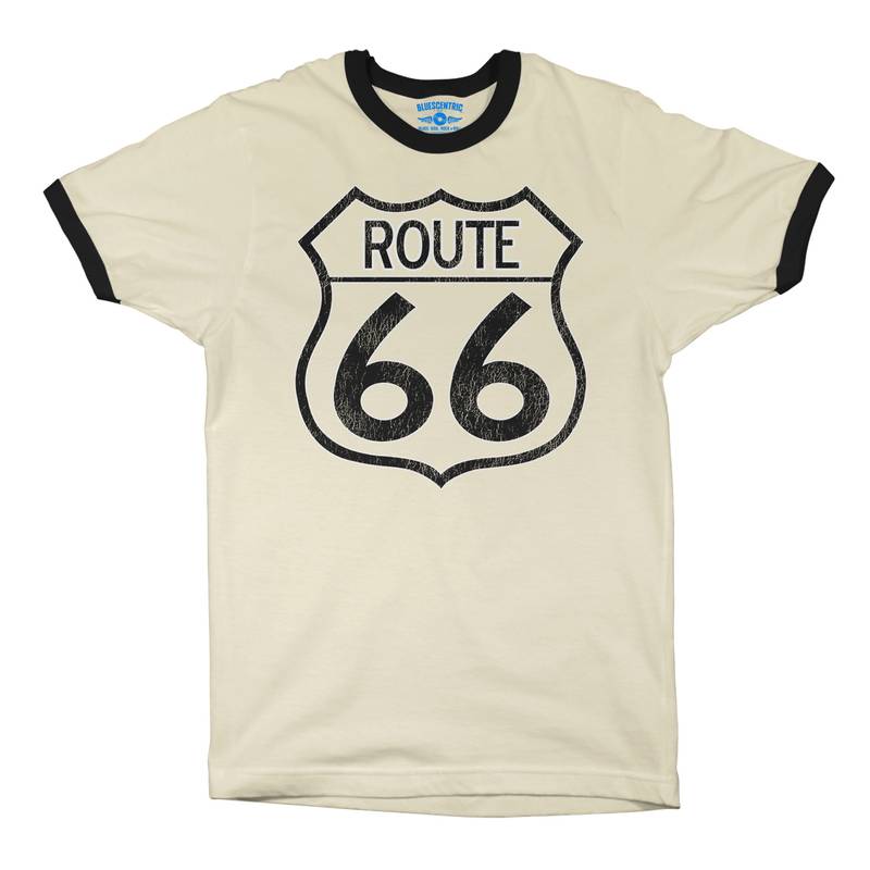 Distressed Route 66 Ringer T-Shirt - Natural Black